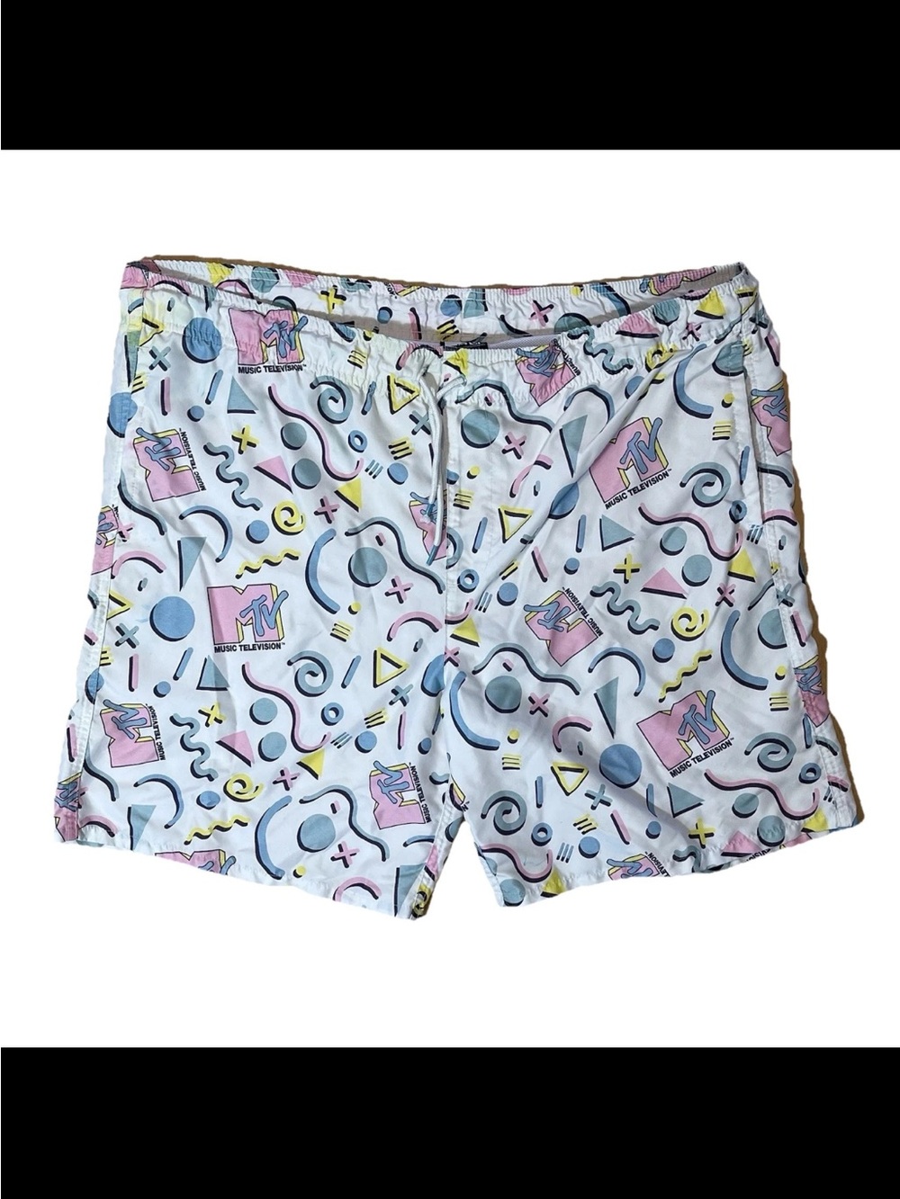 MTV Men's White Swimming Trunks Shorts XL Retro 80's 90s Tie Up Elastic Waist